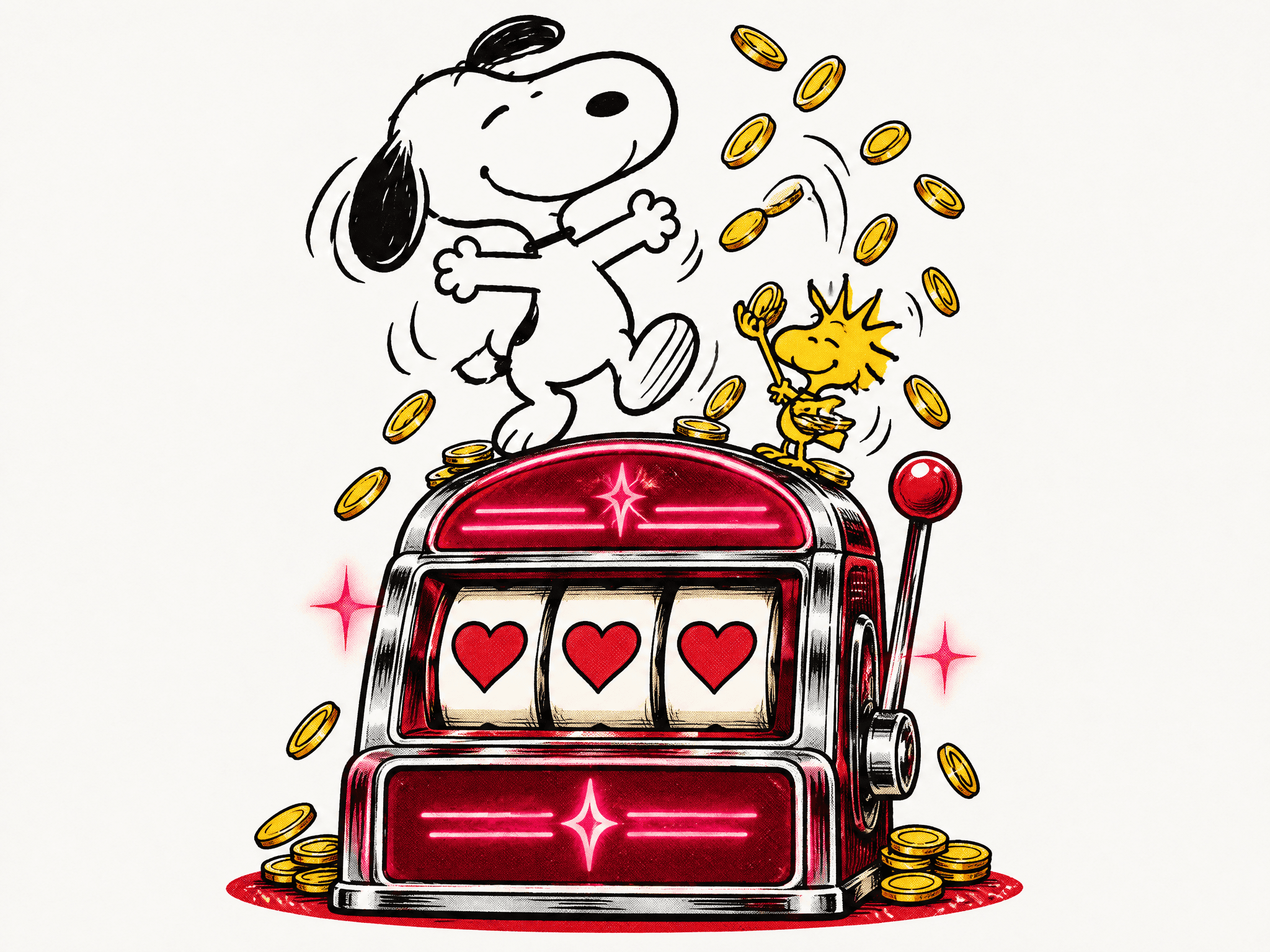 Snoopy happy-dancing on a slot machine that just hit three hearts while Woodstock tosses coins