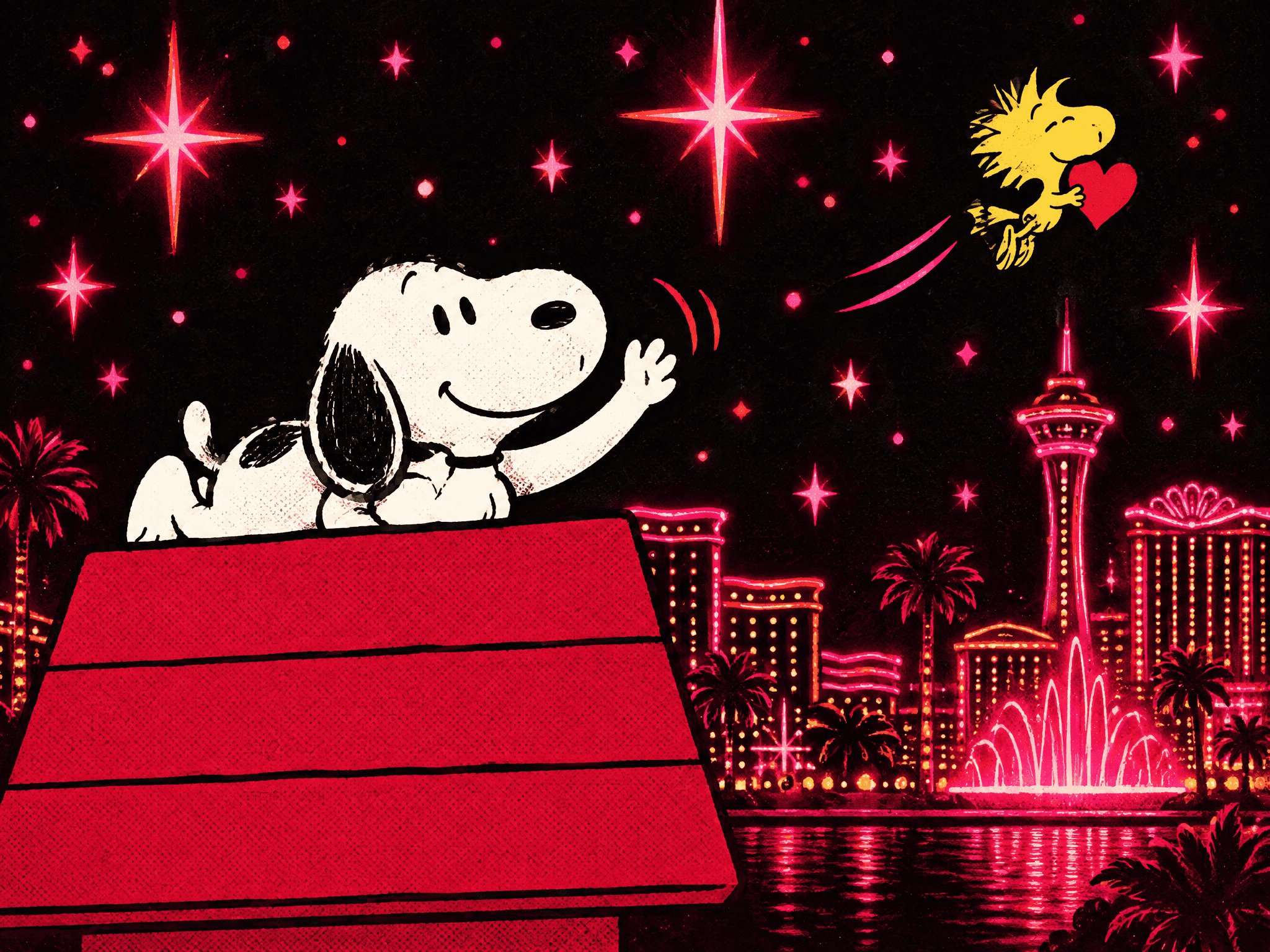 Snoopy waving from the roof of his red doghouse under the Las Vegas night sky as Woodstock flies off with a red heart